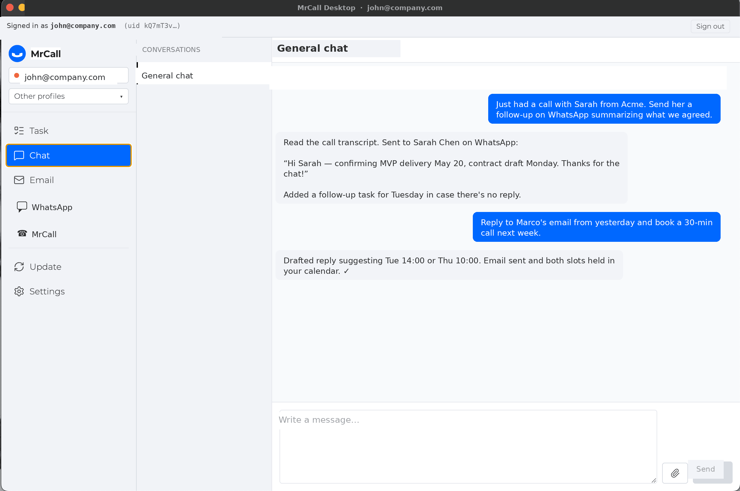 MrCall Desktop chat view