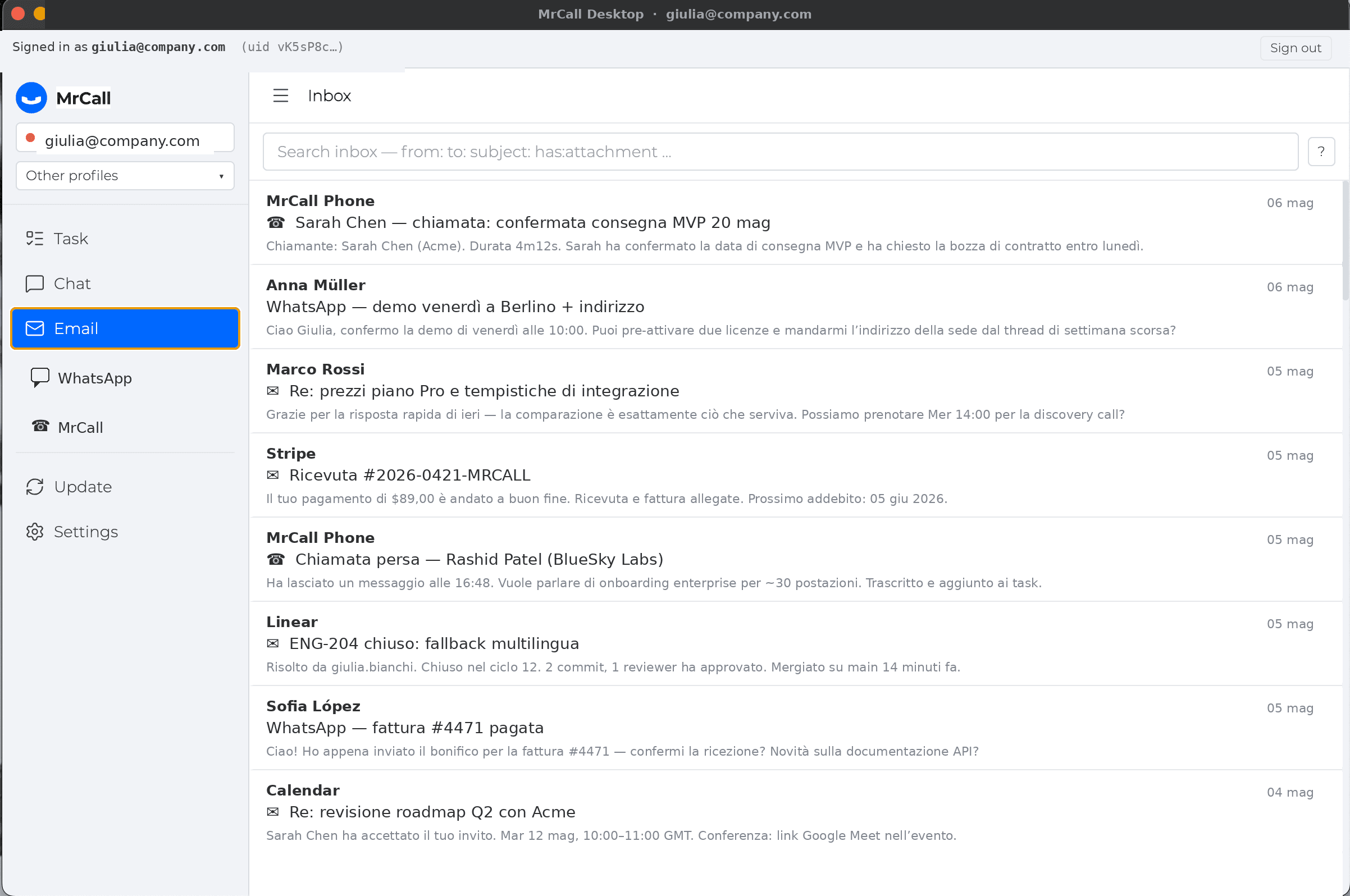 MrCall Desktop email view