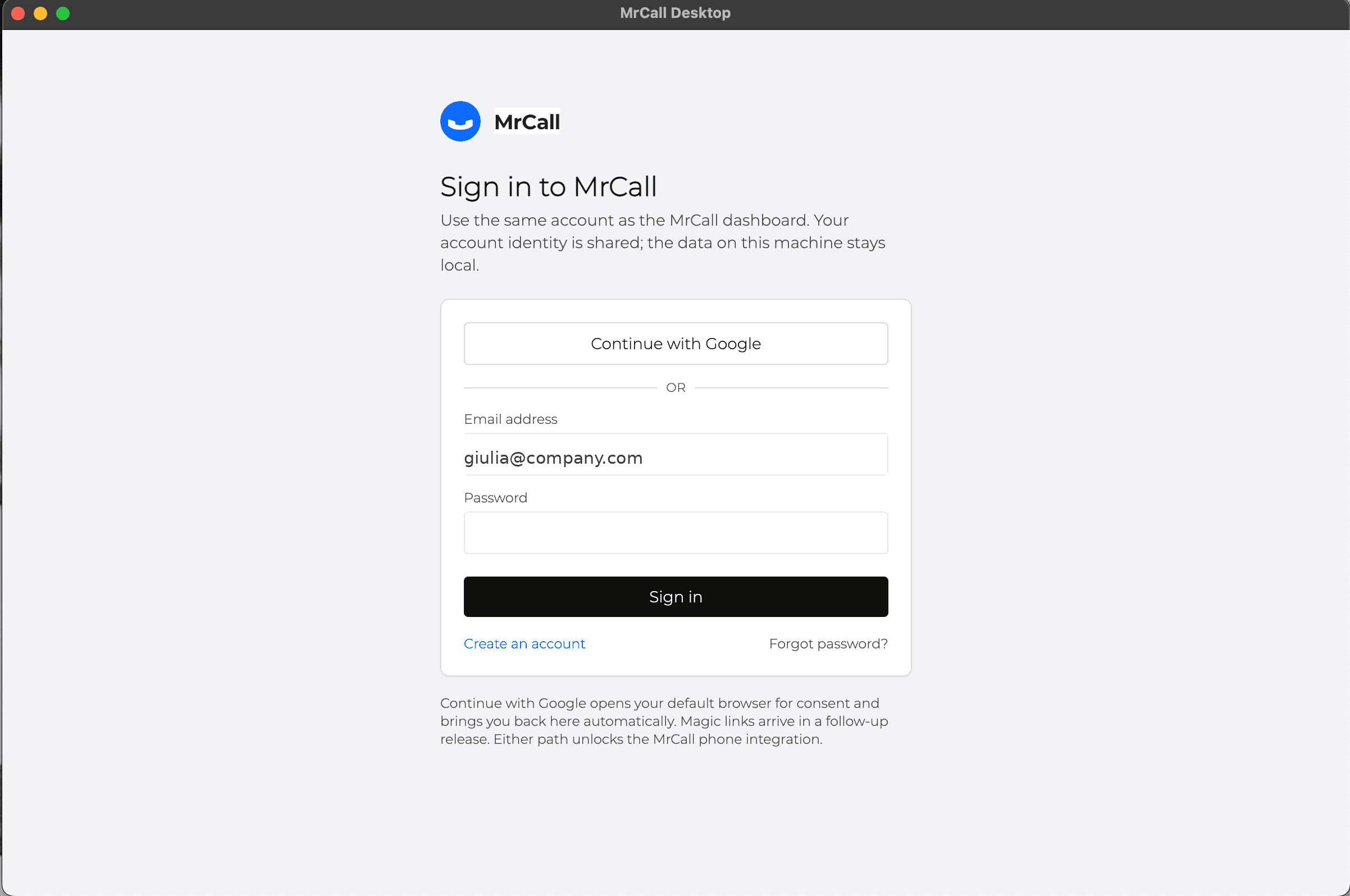 MrCall Desktop sign-in