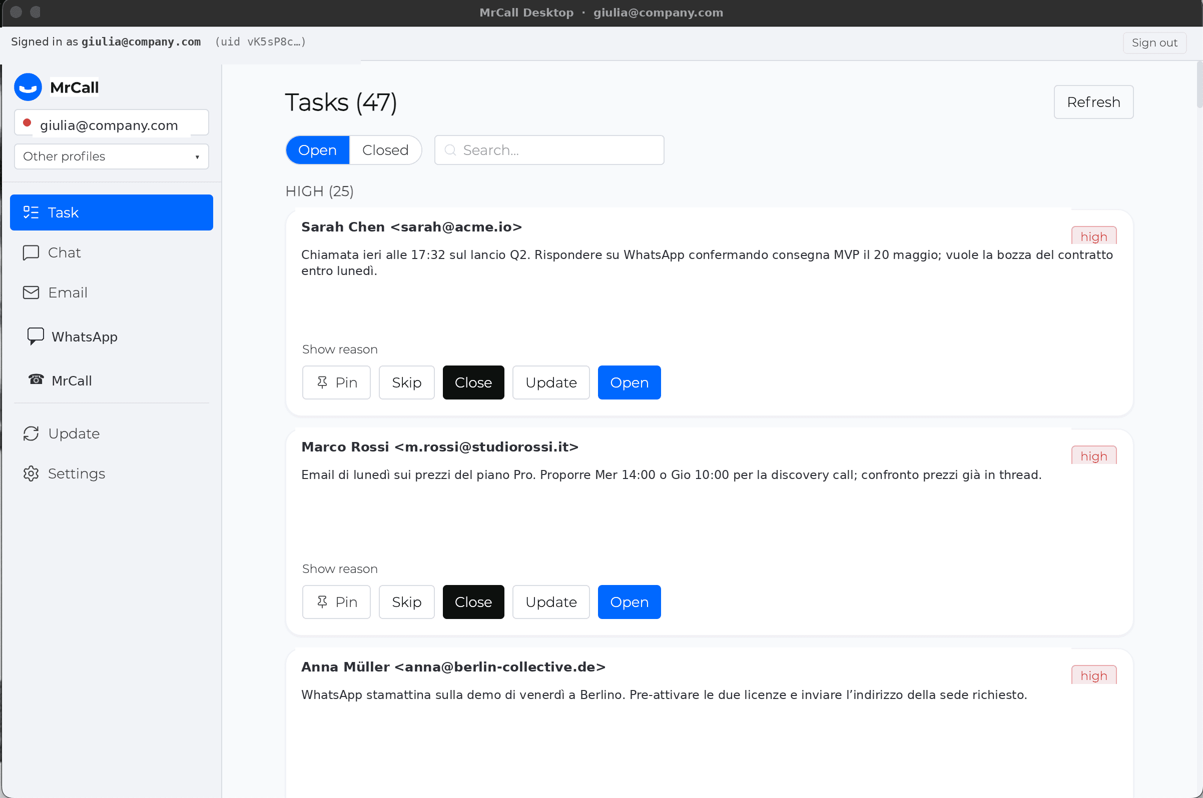 MrCall Desktop tasks view