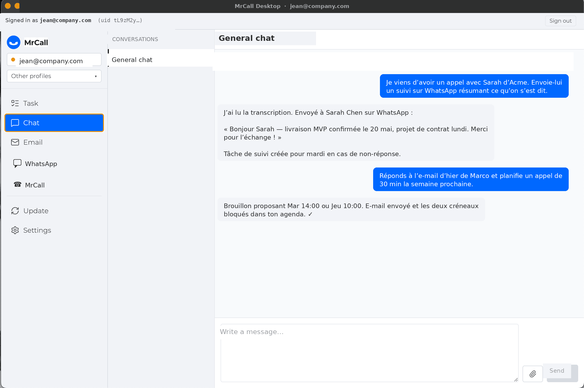 MrCall Desktop chat view