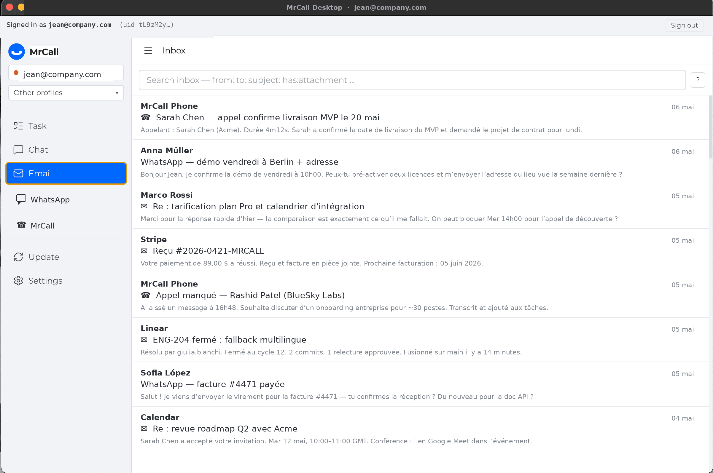 MrCall Desktop email view