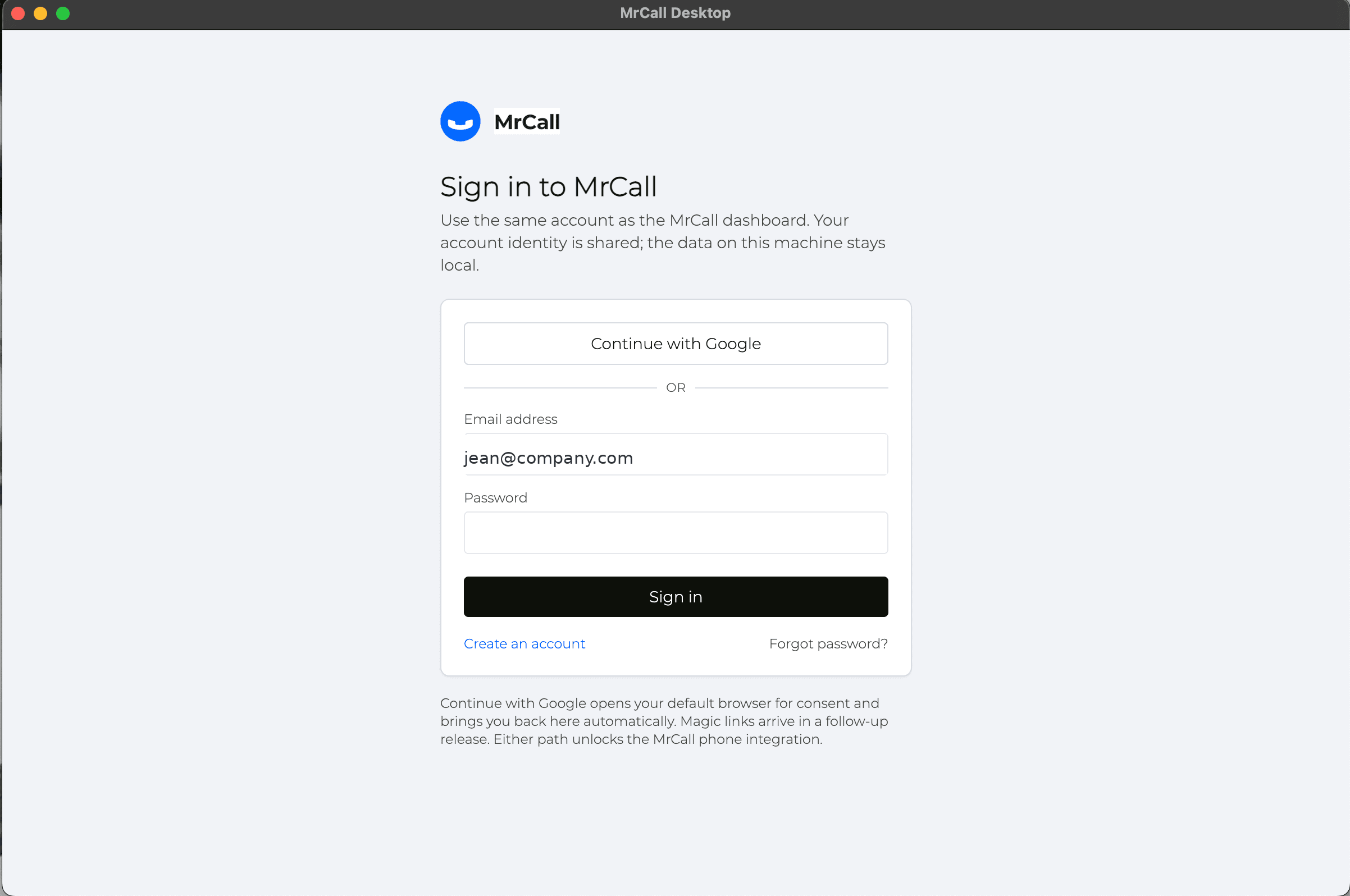 MrCall Desktop sign-in