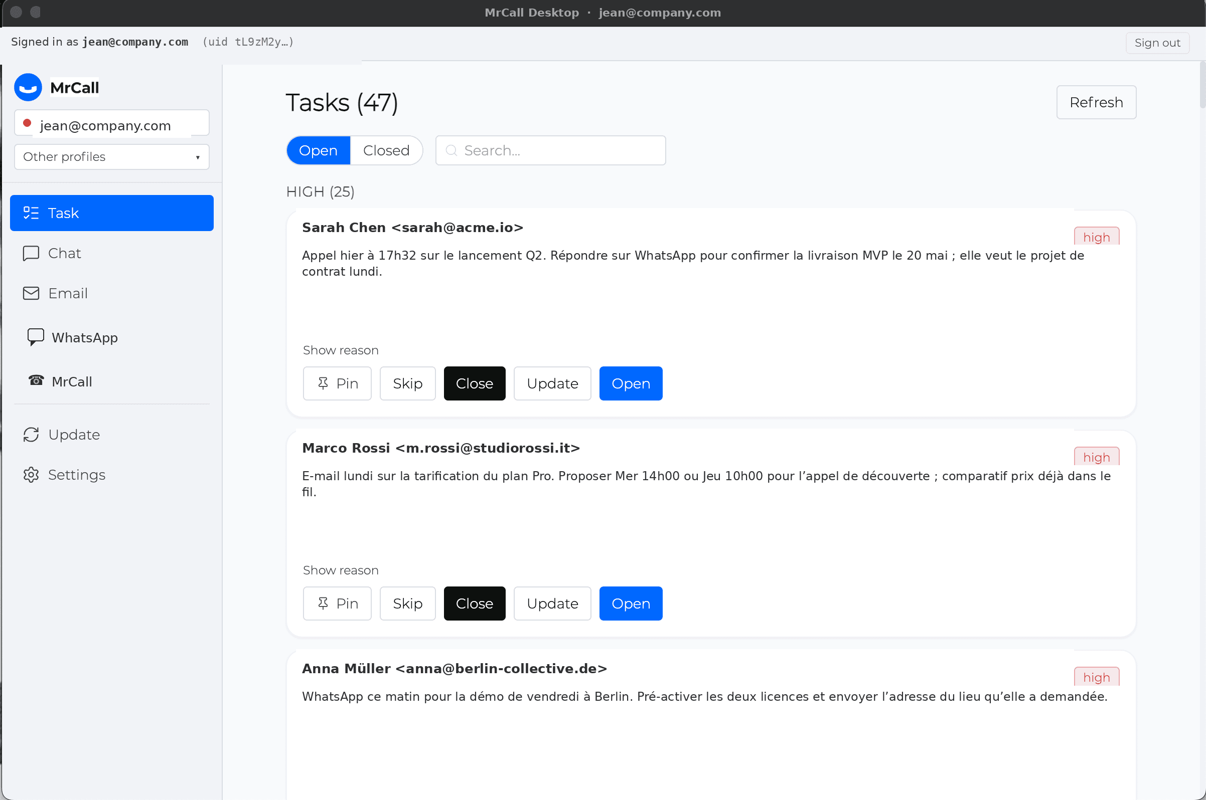 MrCall Desktop tasks view