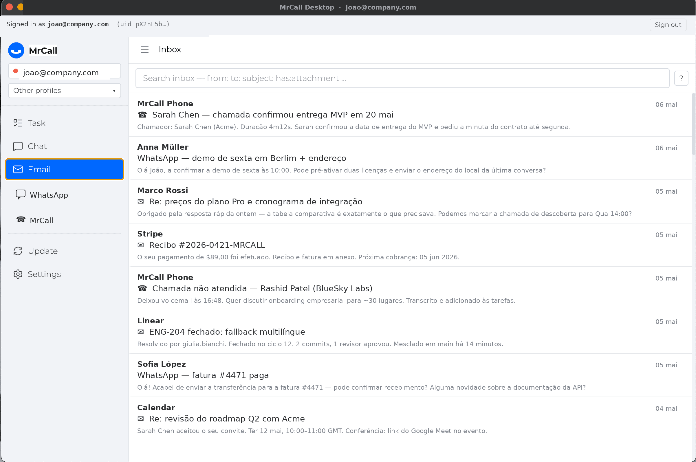MrCall Desktop email view