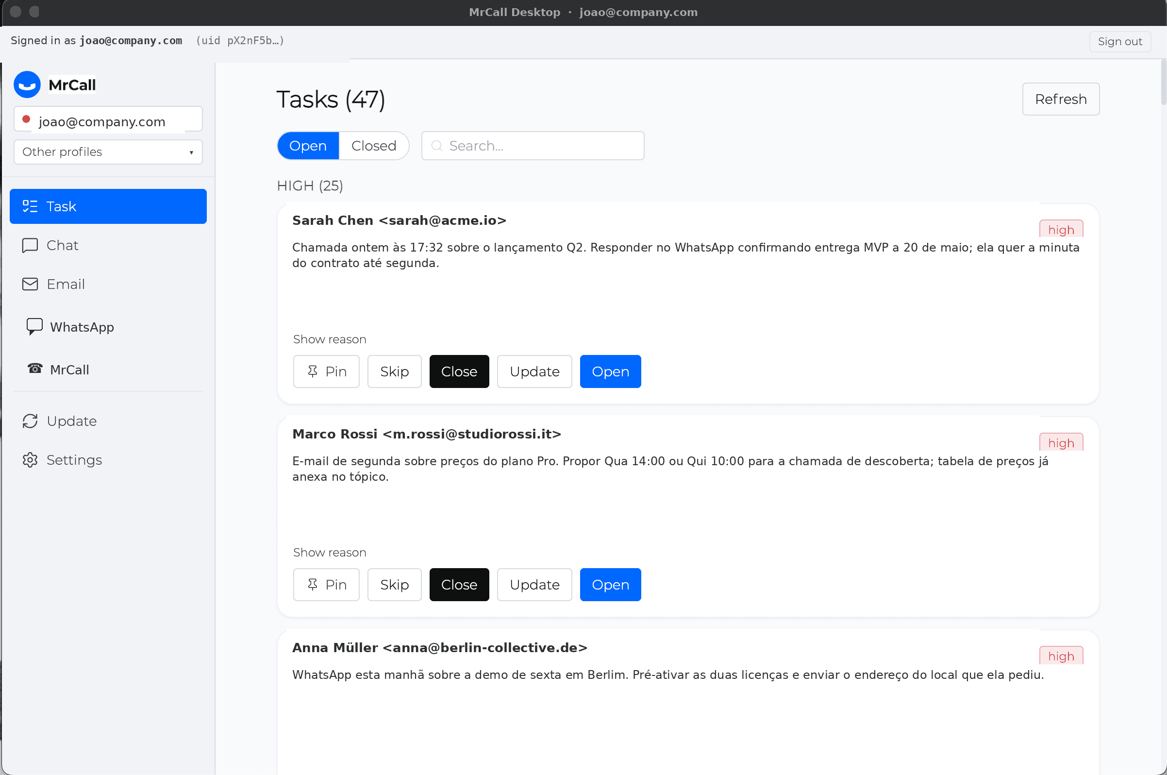 MrCall Desktop tasks view